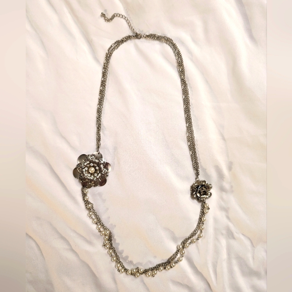 Long silver rose necklace